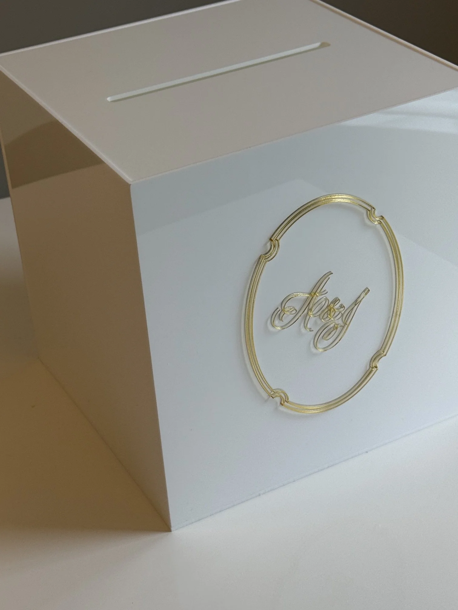 A white box with gold cursive text that reads "Foy