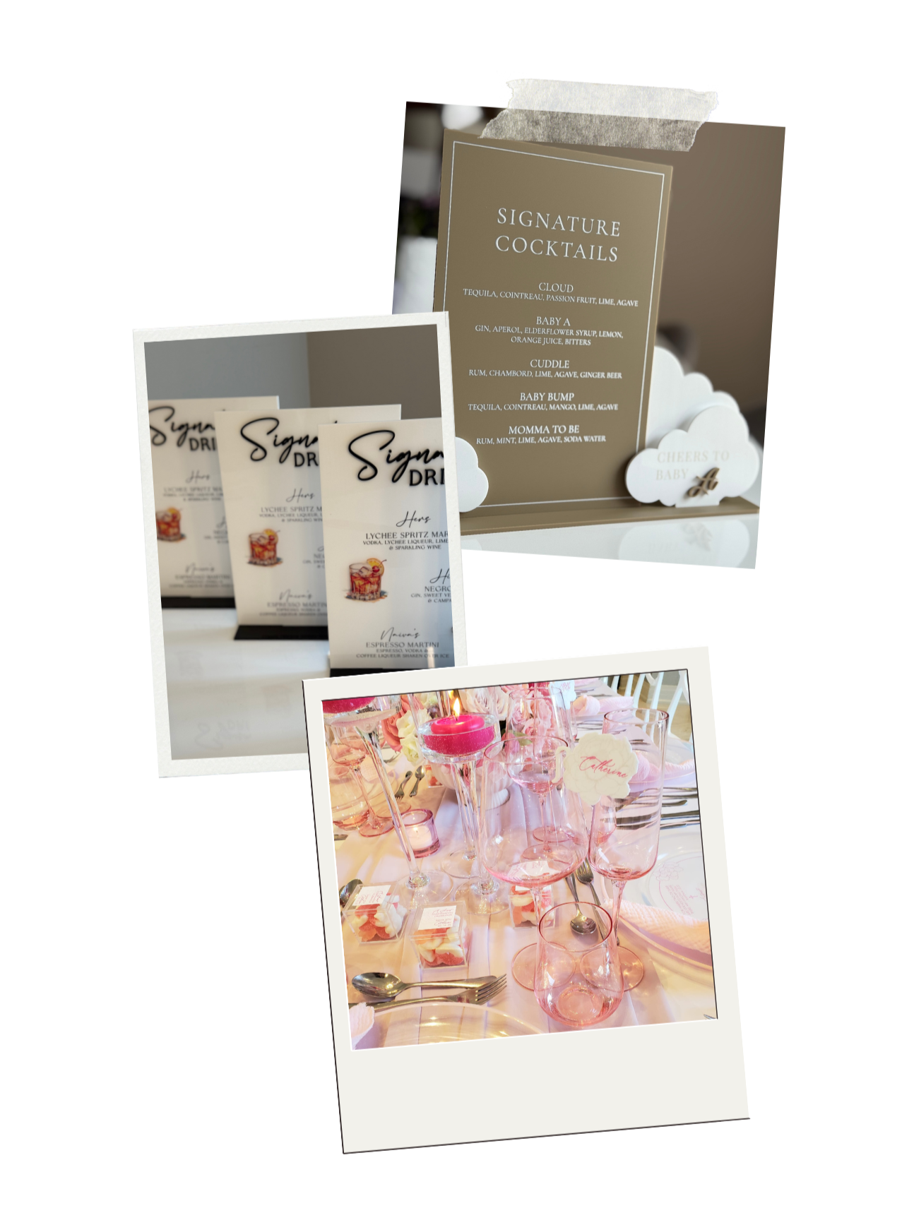 Collage of three photos: 1) a sign listing signature cocktail recipes, 2) a stack of drink menus, 3) a table setting with pink glassware, candles, and place cards at a celebration event.