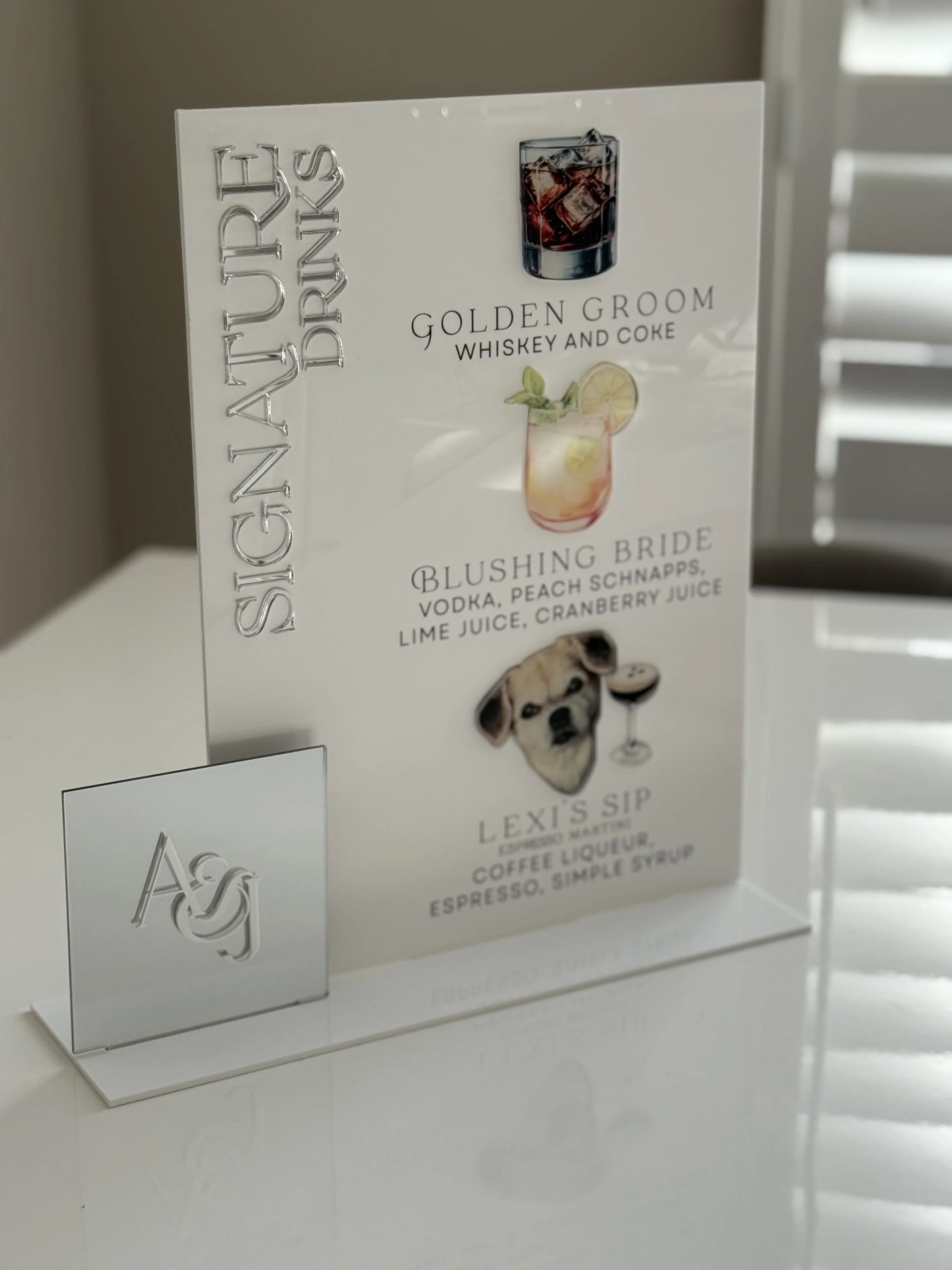 Menu board featuring cocktails and a dog and coffee shop branding.