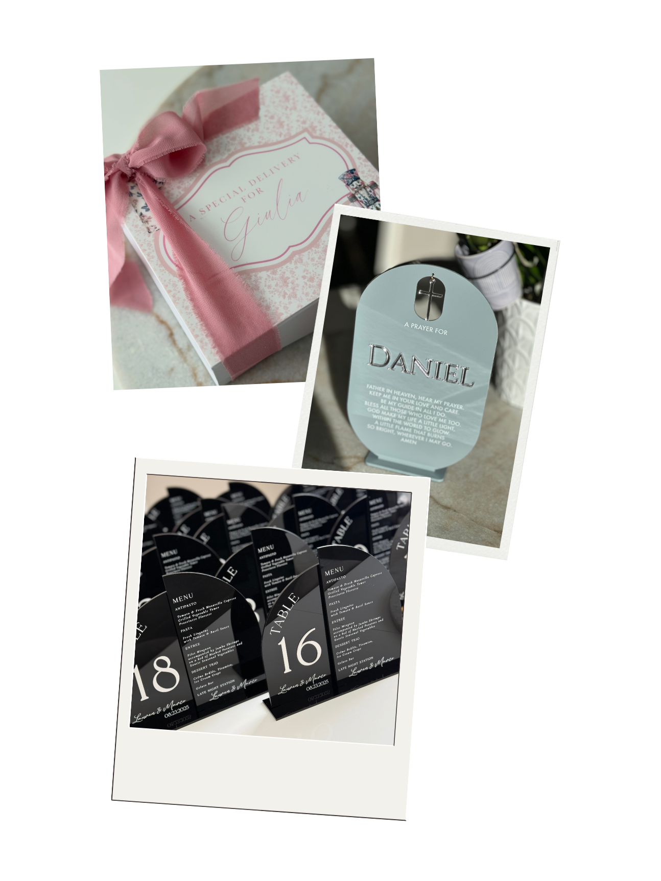 Collage of three images: a pink gift box with a ribbon and a tag saying 'A Special Delivery for Giulia,' a blue prayer card with the name 'Daniel,' and a display of black table number cards with white text for a wedding.