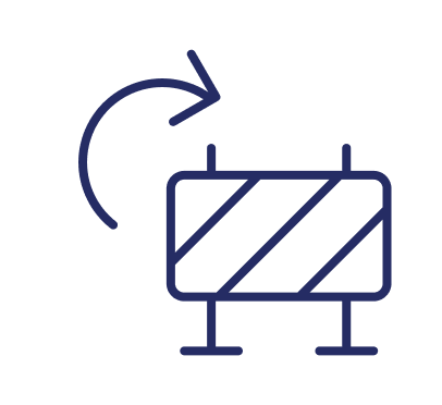 A construction barrier with diagonal stripes and a curved arrow pointing to it, indicating construction or roadwork