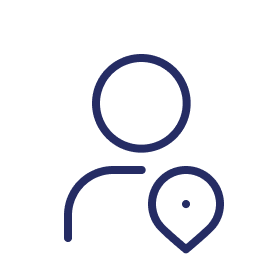Simple blue line icon of a person with a location pin.