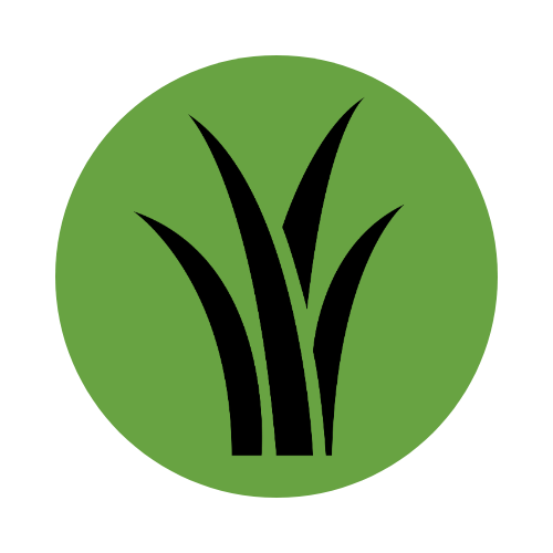 Logo with black grass-like design inside a green circle