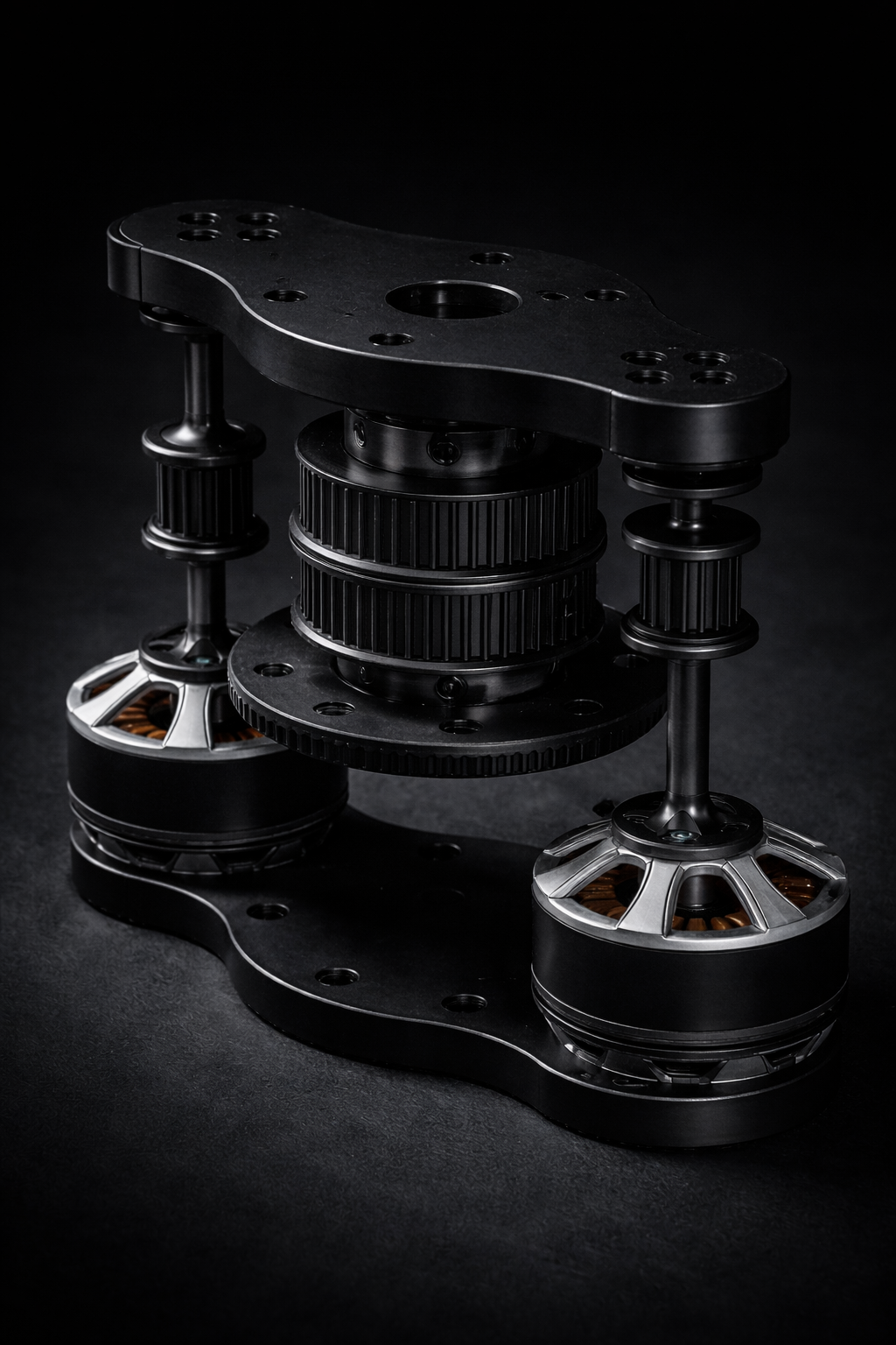 Close-up of a high-performance drone motor with black and metallic components against a dark background.