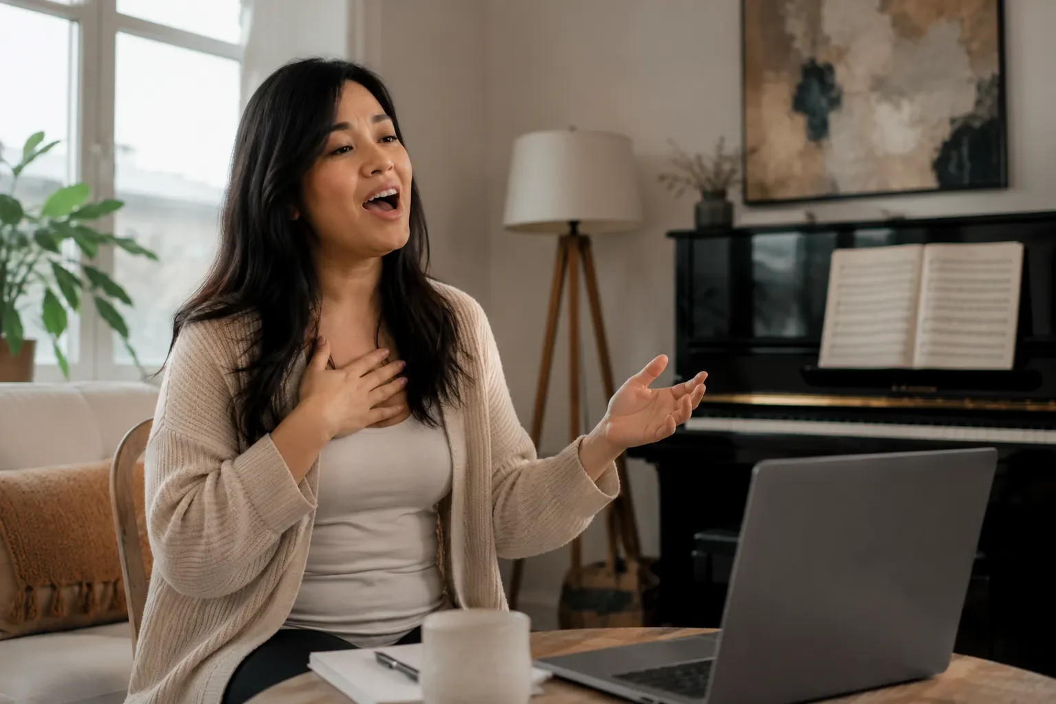 Adult beginner singing at home in front of a laptop, weighing singing lessons versus apps