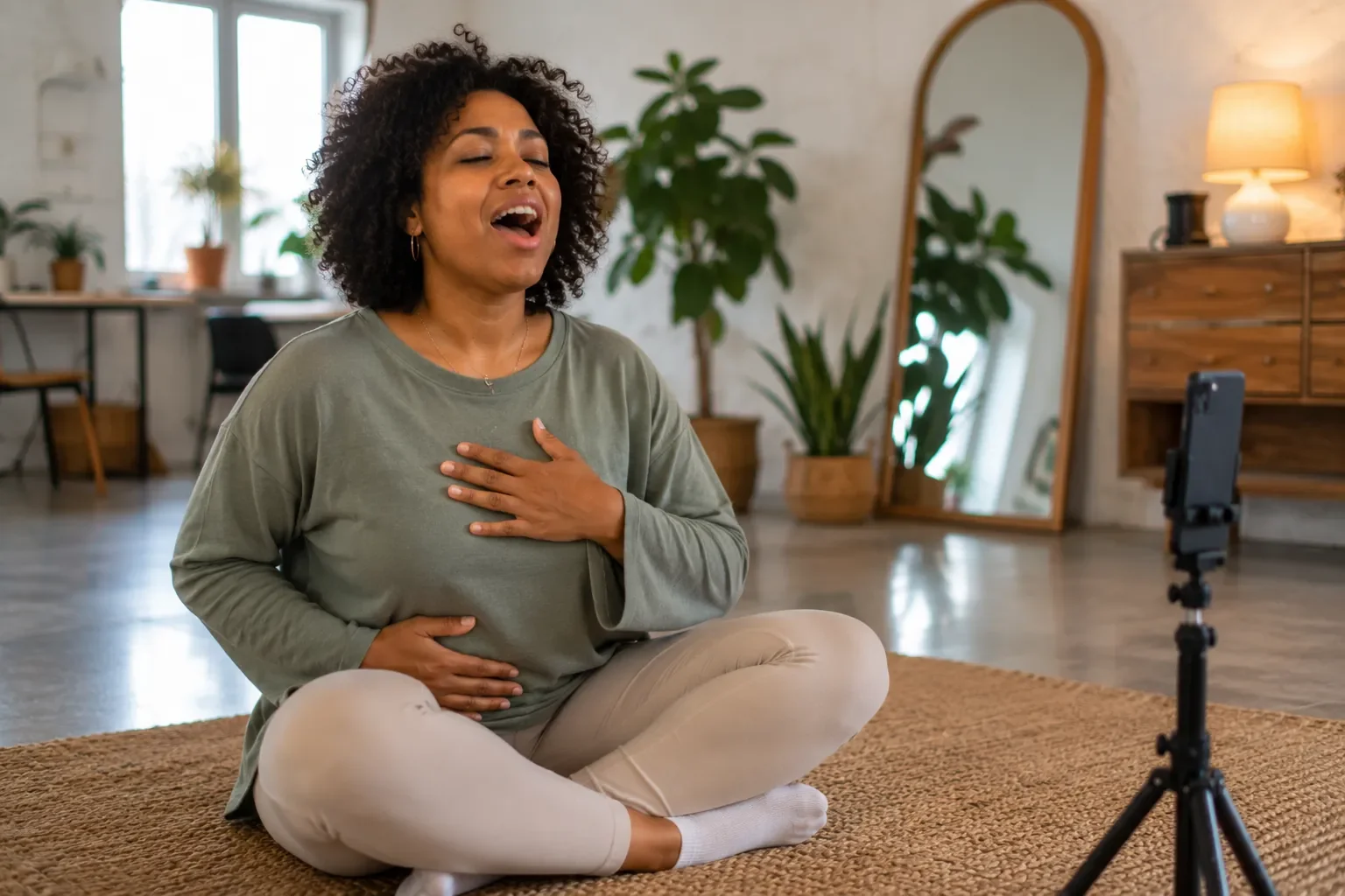 Woman seated cross-legged with hands on chest and belly, practicing singing from the diaphragm