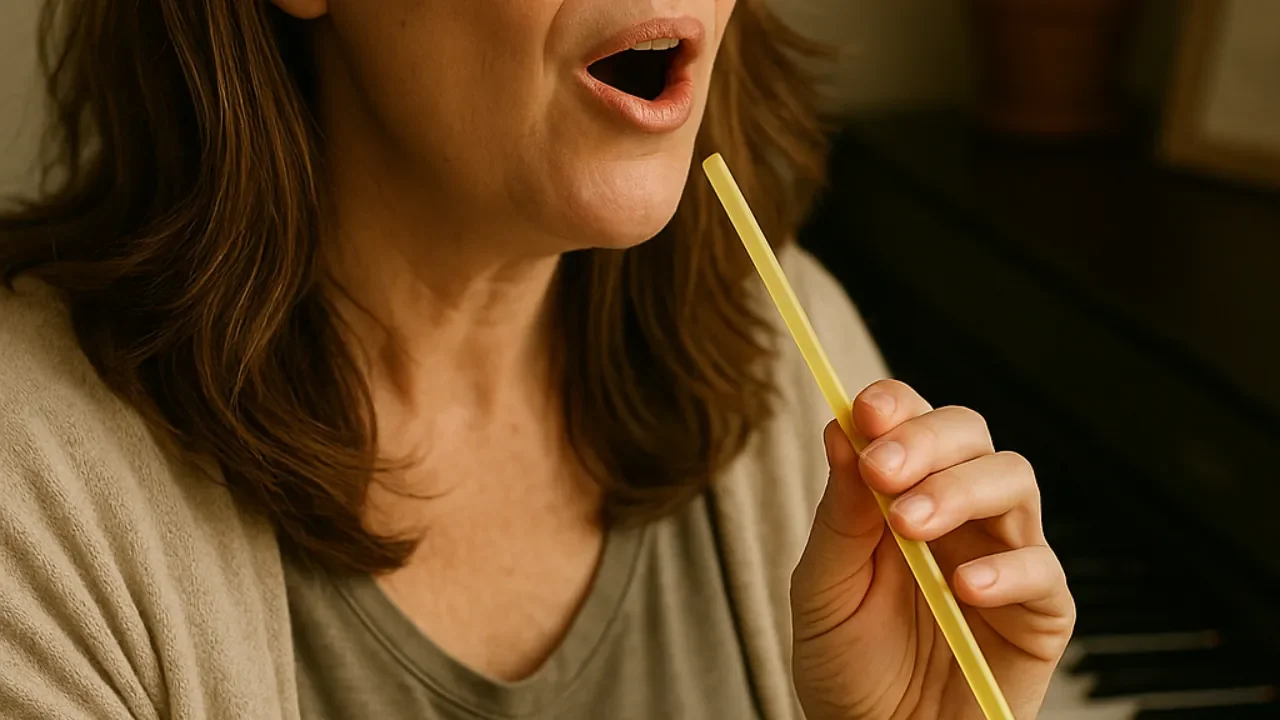 Close-up of a woman doing straw phonation exercises to rebuild vocal range after a break
