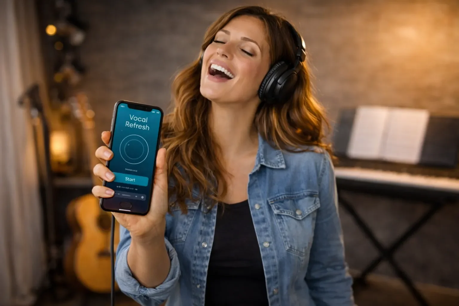 Smiling woman wearing headphones holding a phone with the Vocal Refresh vocal training app