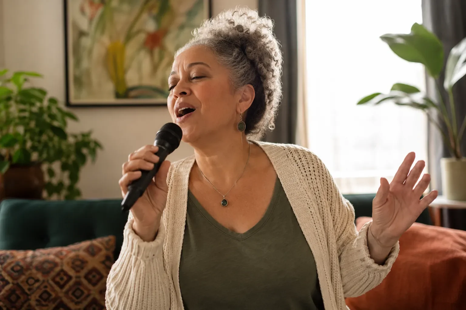 Woman in her 60s singing into a microphone at home, getting her singing voice back