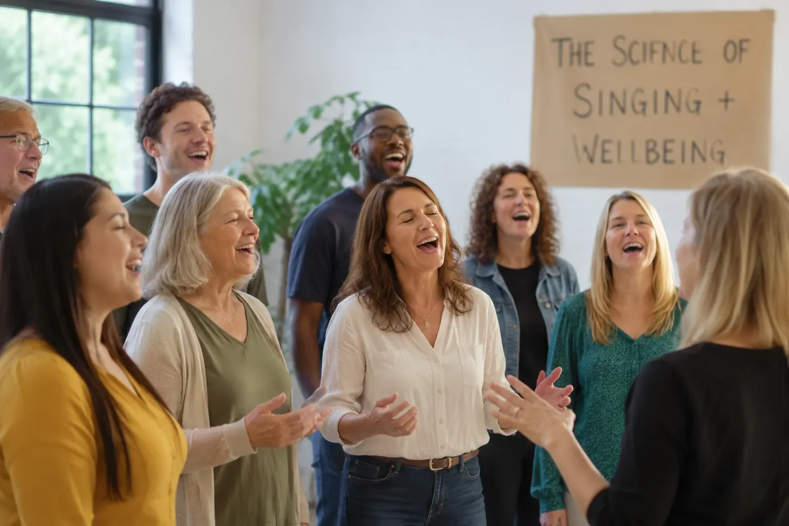 Group of adults singing together under a banner about the science of singing and wellbeing