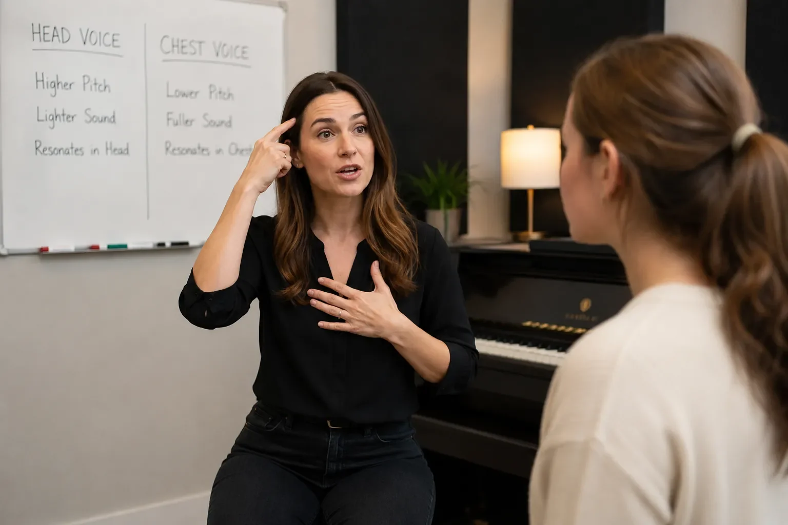 Vocal coach at a whiteboard explaining head voice versus chest voice to a student