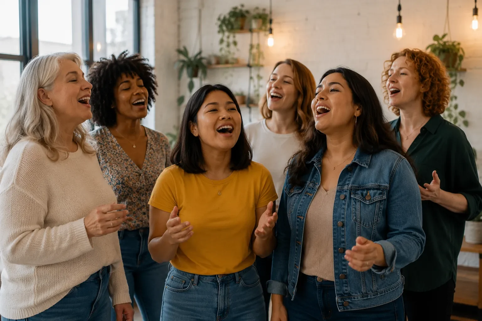 Six women singing together in a bright room, enjoying the benefits of group singing