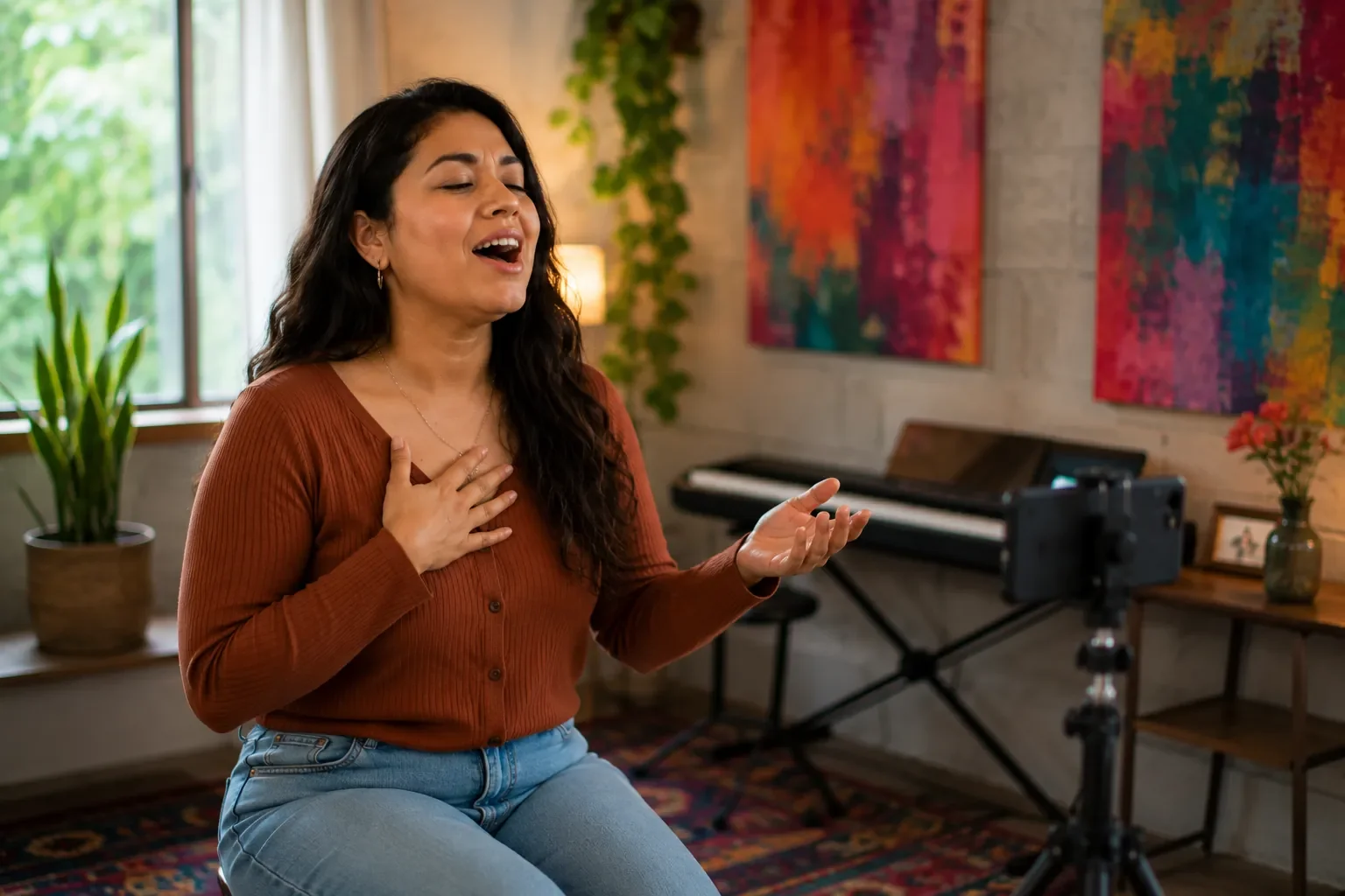 Woman singing with her hand on her heart in a colorful living room, building singing confidence