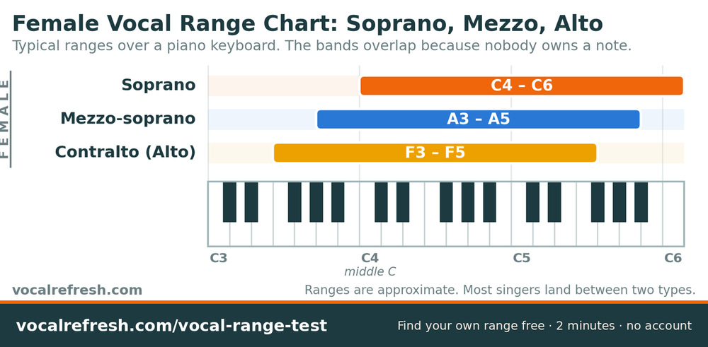 Female vocal range chart showing soprano C4 to C6, mezzo-soprano A3 to A5 and contralto F3 to F5 over a piano keyboard.