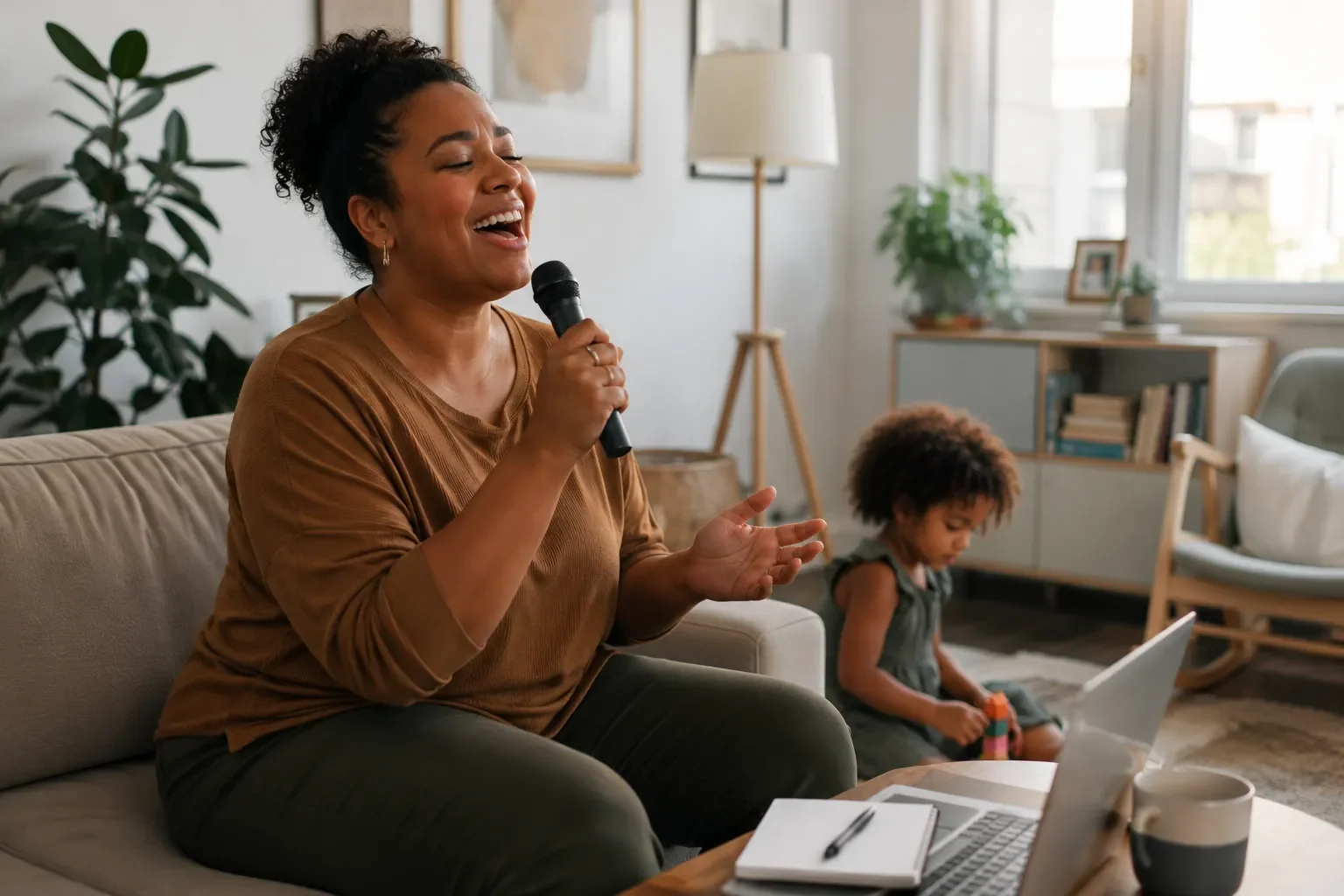 Mom singing on the sofa while her child plays nearby, starting to sing again after kids