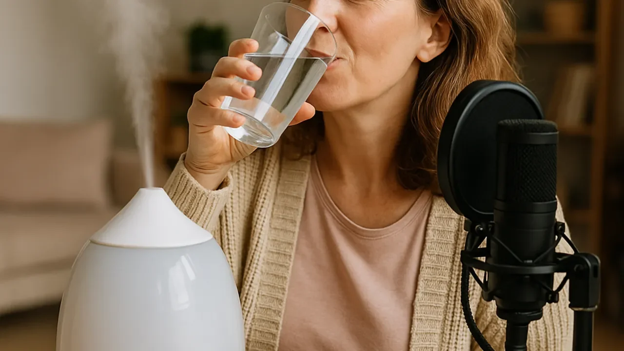 Woman drinking water beside a humidifier and microphone, following vocal health tips
