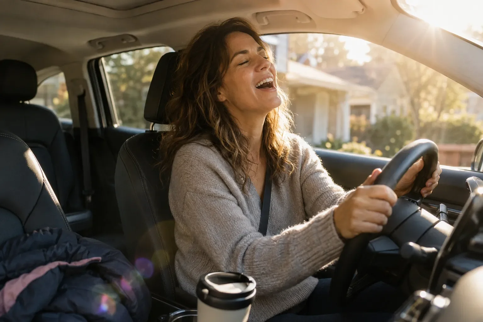 Mom singing in the parked car with a coffee, a practical way to practice singing with kids around