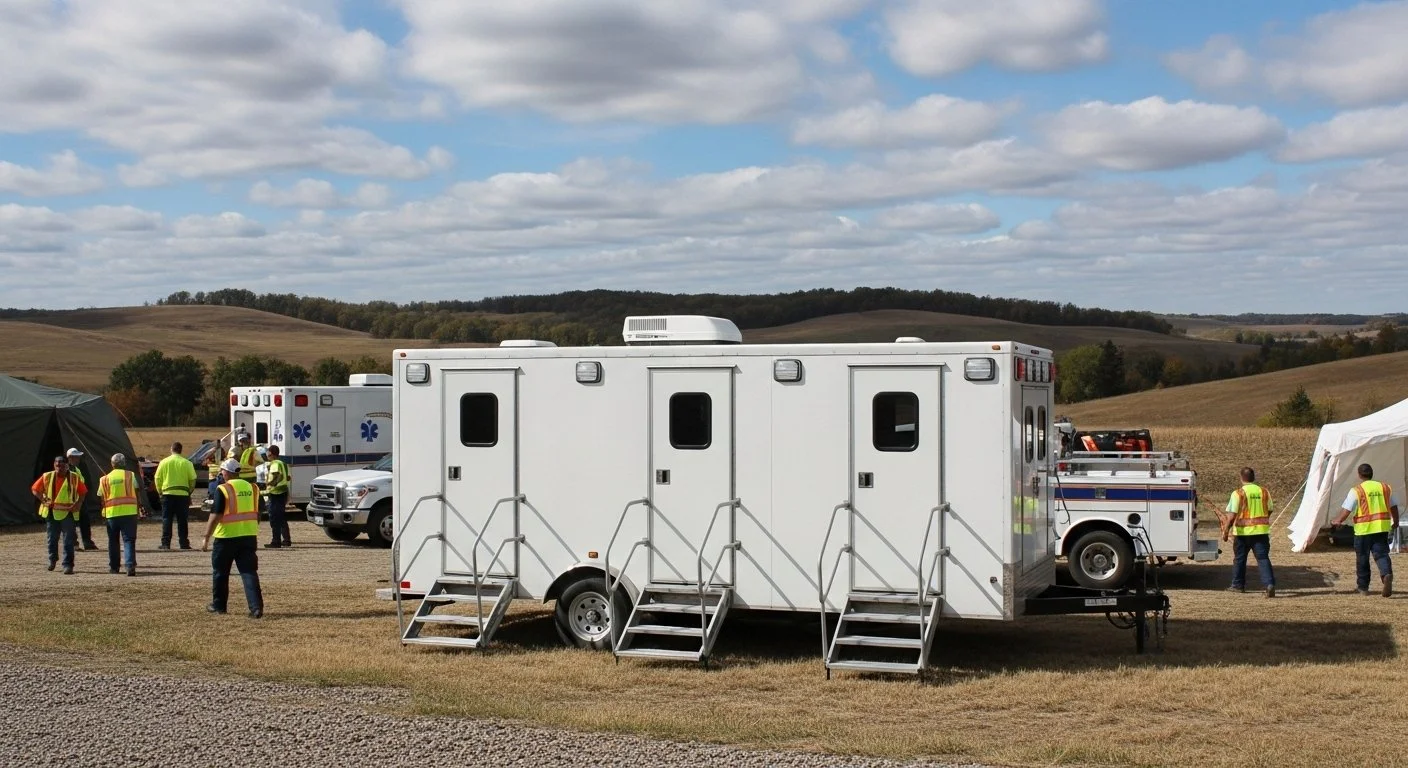 Emergency responders and medical personnel gather around a mobile restroom trailer, ambulance, and tents in a field with rolling hills and partly cloudy sky.