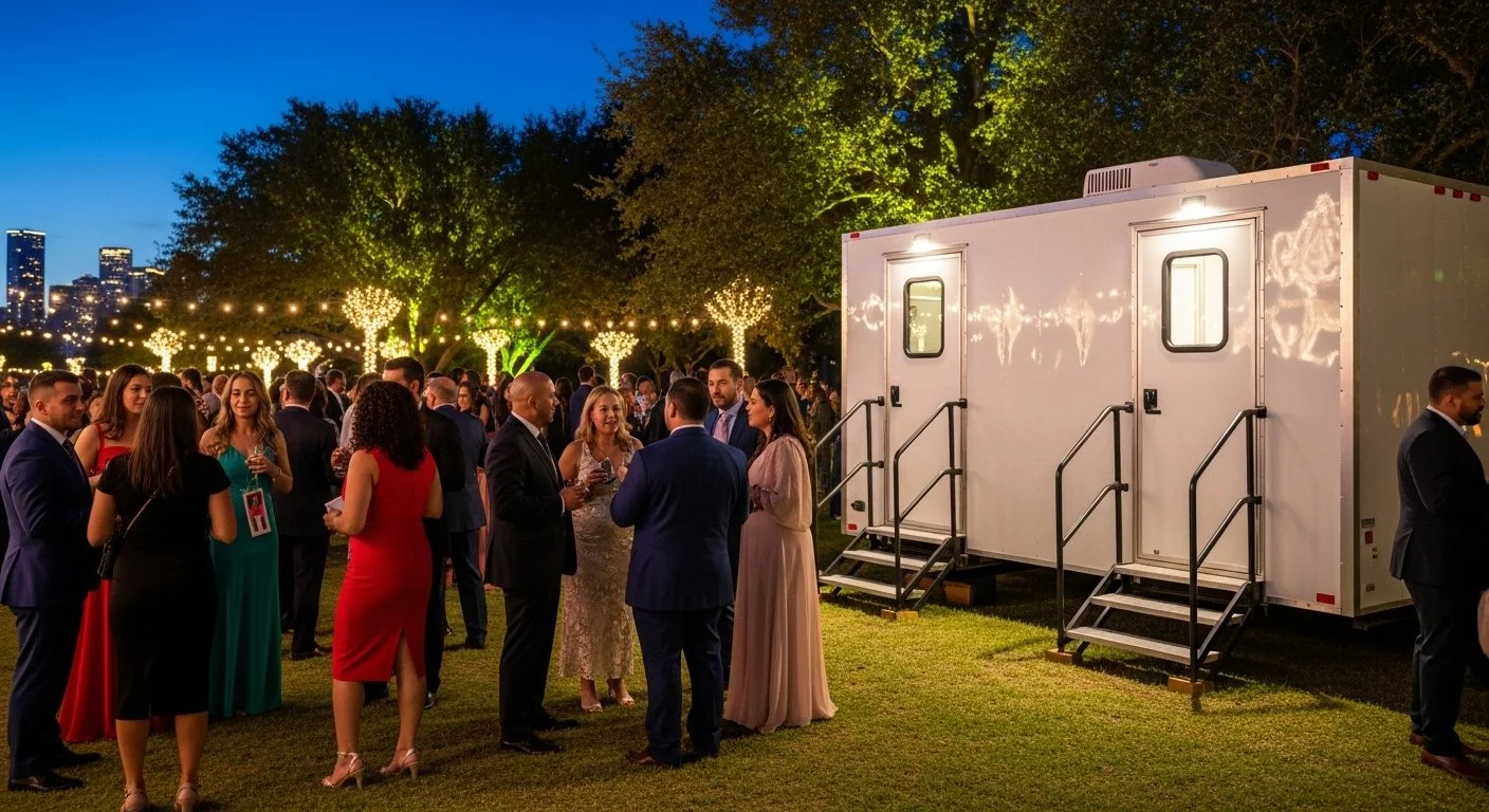 People dressed in formal attire gather outdoors at night in a landscaped area decorated with string lights and illuminated trees, with a large white mobile trailer or portable restroom trailer in the background.