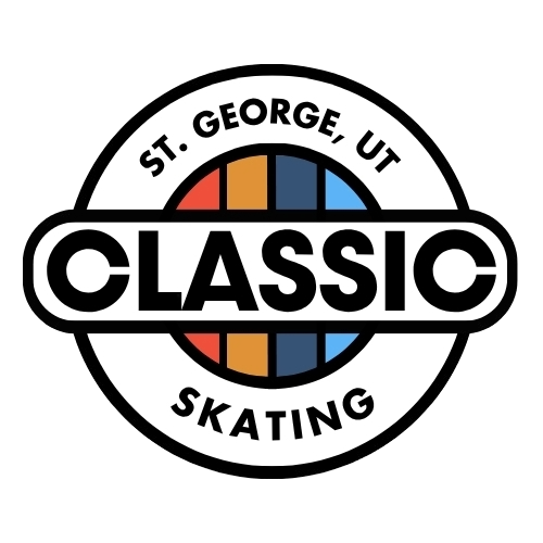 Logo for St. George, Utah Classic Skating featuring a circular design with red, orange, blue, and black elements and the words 'ST. GEORGE, UT' and 'SKATING' around the circle.