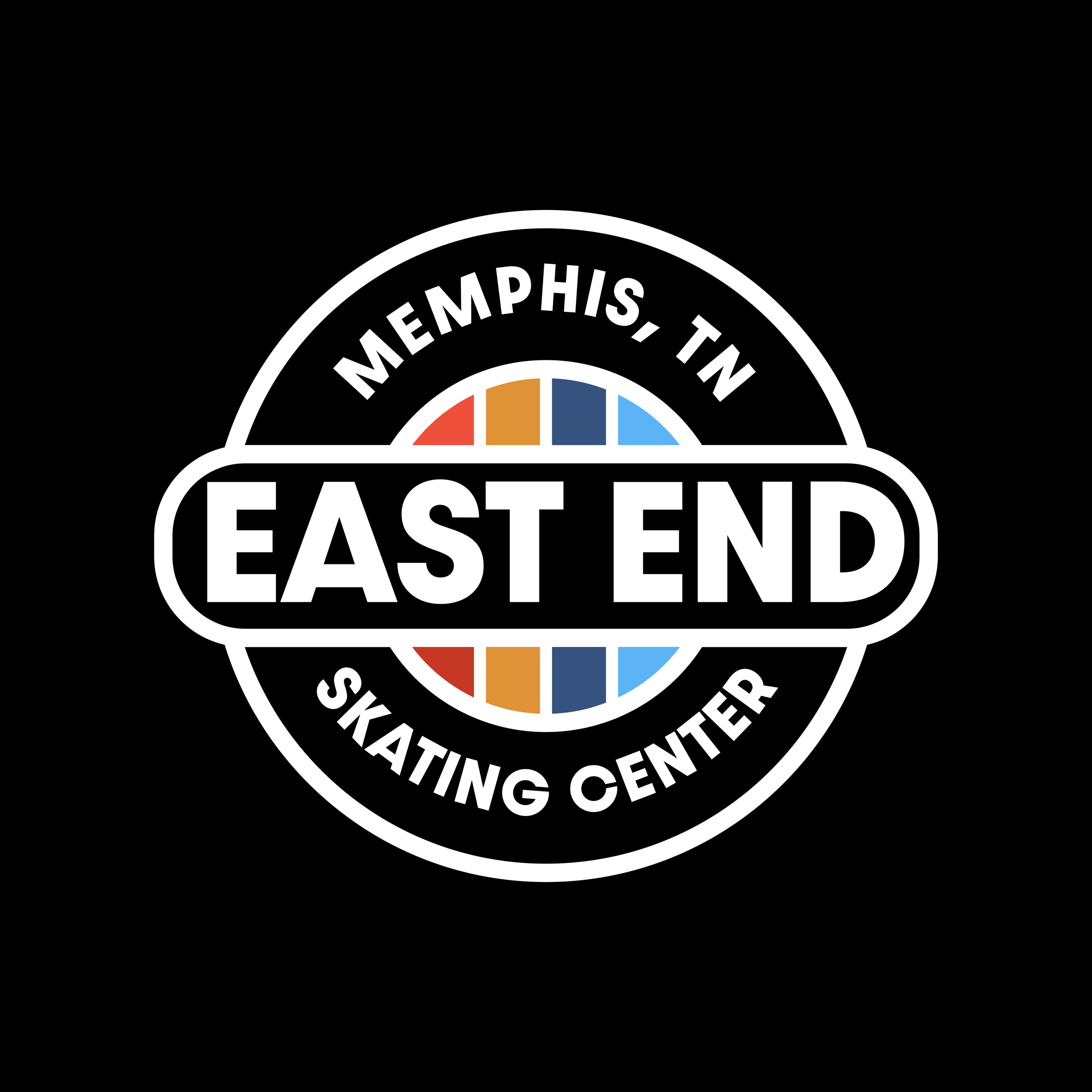 Logo for East End Skating Center in Memphis, Tennessee, featuring a circular design with the name and colorful stripes.