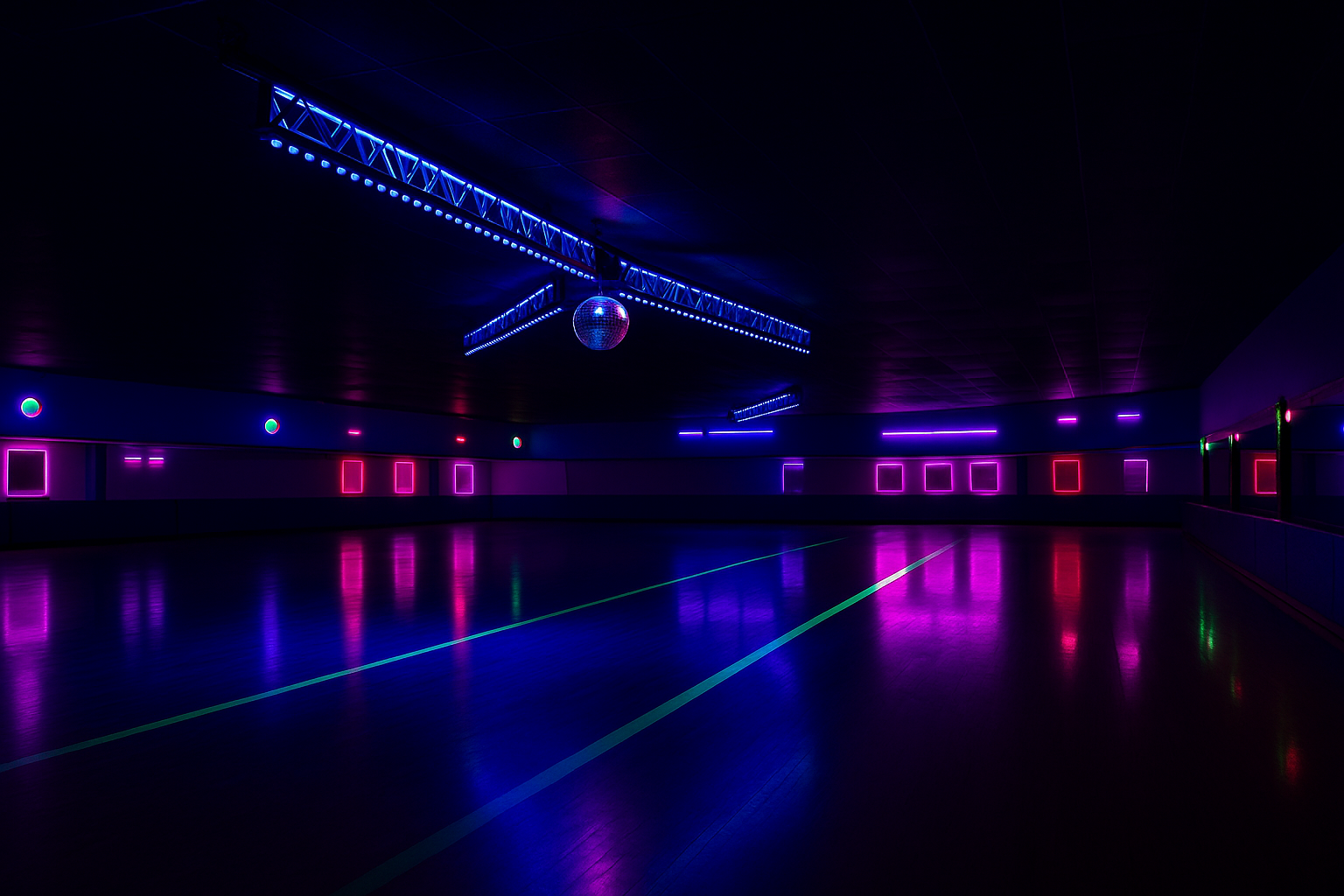 An empty roller skating rink illuminated with vibrant pink, purple, and green neon lights, with a small disco ball hanging from the ceiling.