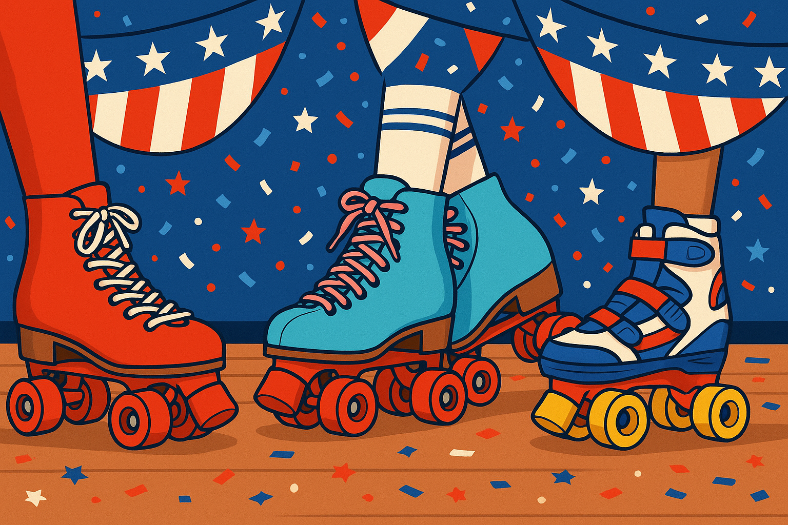 Close-up of three pairs of roller skates in red, blue, and white with red, orange, and blue accents on a wooden floor. The skates are worn by people wearing patriotic themed outfits with star and striped patterns, against a background decorated with 