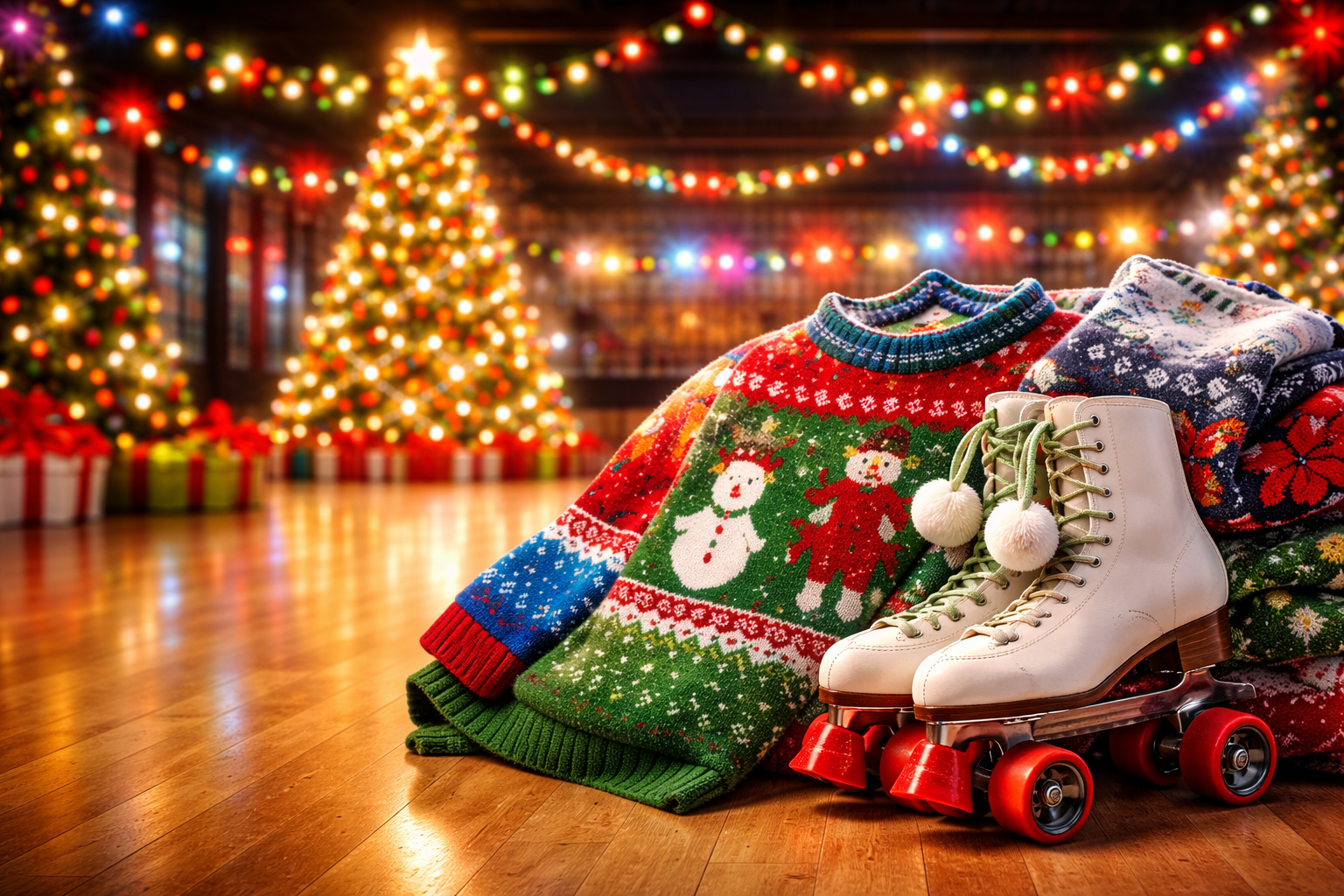Christmas decorations with Christmas sweaters, white roller skates with green laces and pom-poms, on a wooden floor in front of decorated Christmas trees and string lights.