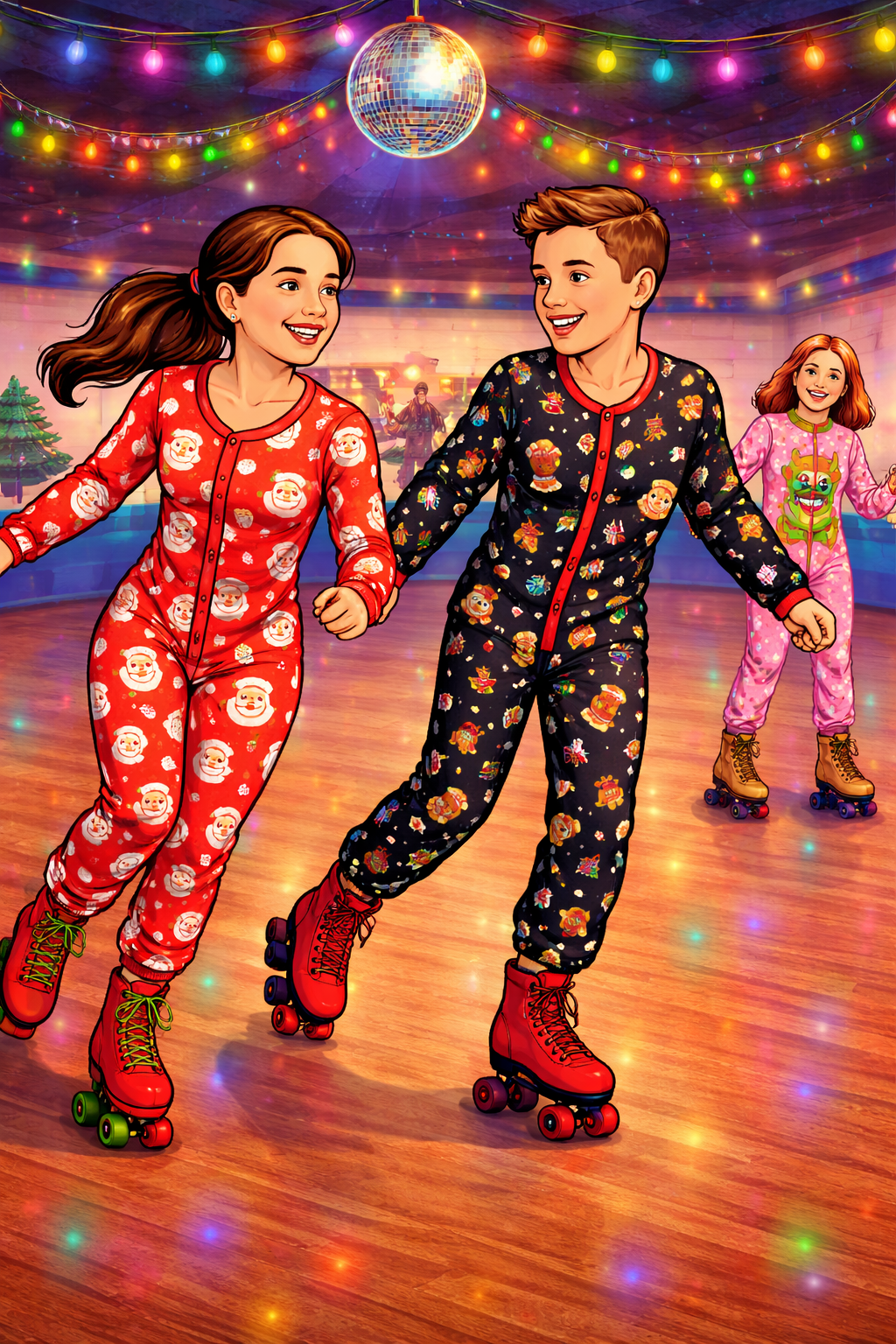 Three children in colorful Christmas pajamas roller skating in a decorated indoor rink with a disco ball and colorful string lights.