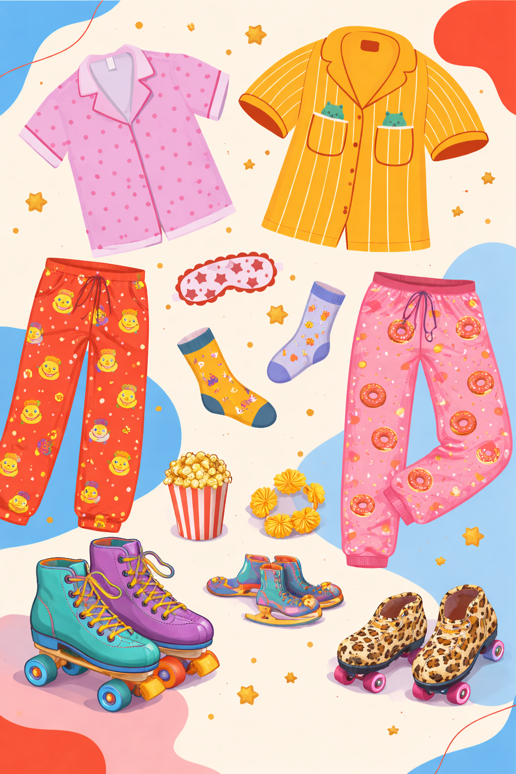 Colorful illustration of children's pajamas, socks, roller skates, and popcorn, with stars and confetti on a playful background.