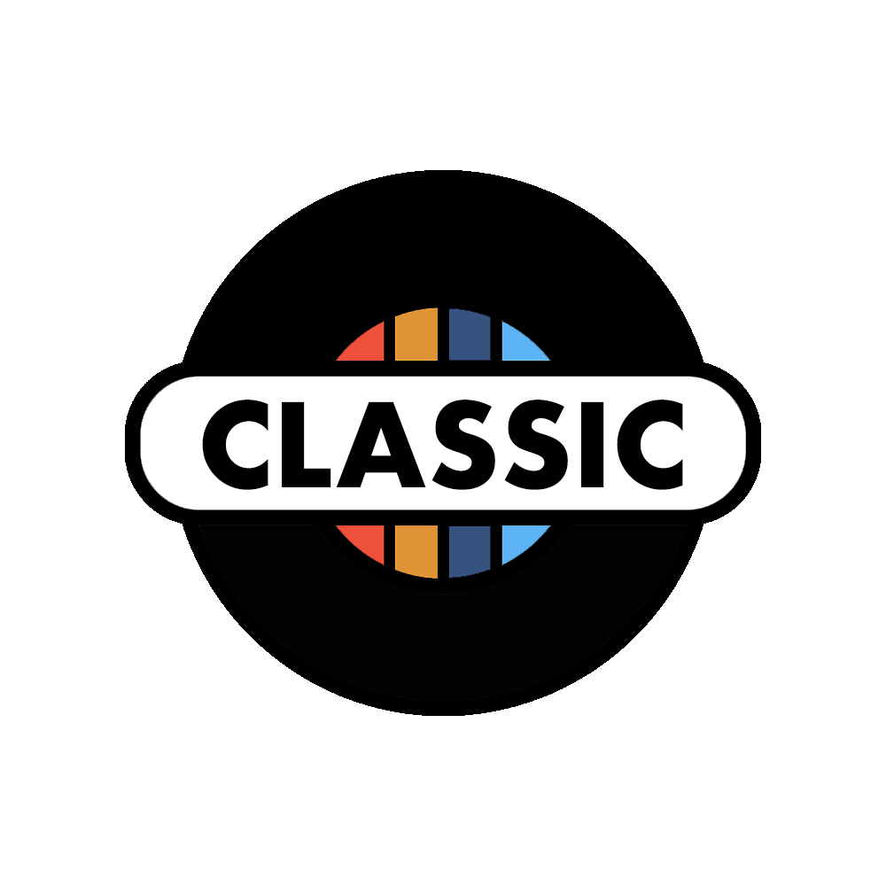 A black circular background with a rainbow-colored semi-circle at the top, a white horizontal bar in the center with the word "CLASSIC" in bold black letters.