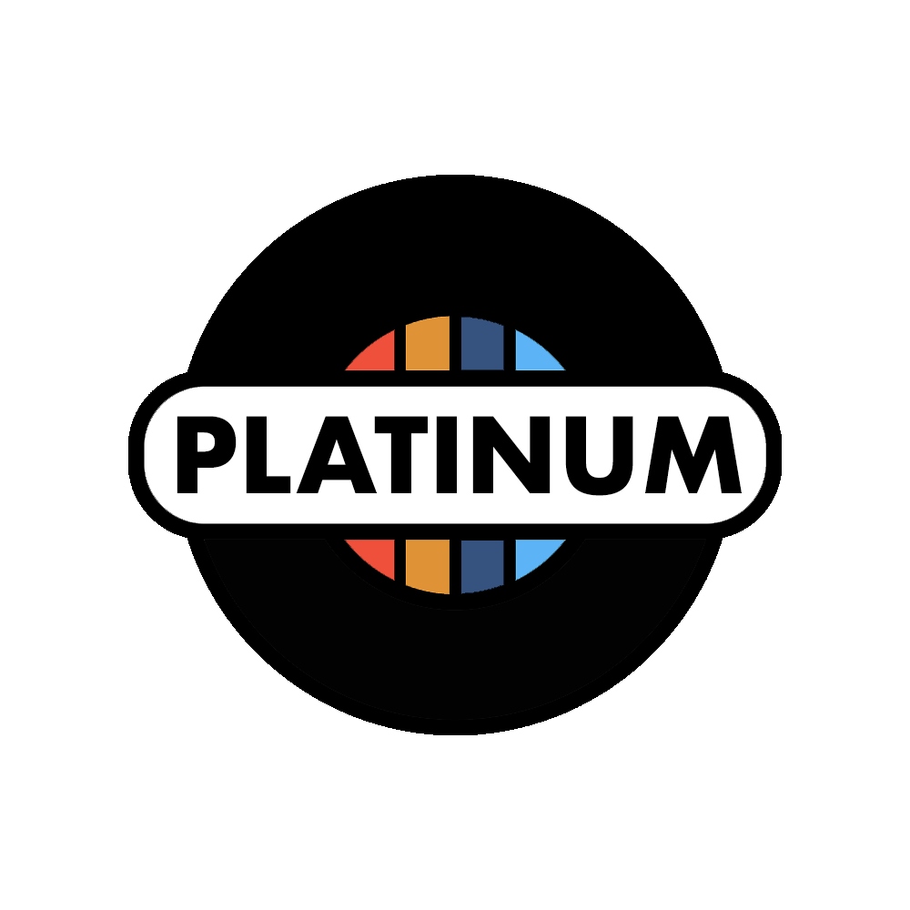 Logo with the word 'PLATINUM' in bold black letters on a white oval background, with a semi-circle of orange, red, blue, and brown stripes behind it, all on a black background.