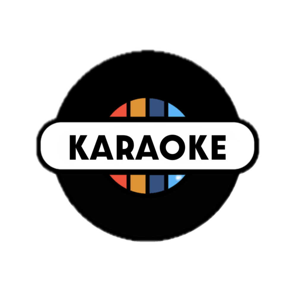 A circular logo with a black background, featuring the word 'KARAOKE' in bold black letters on a white oval banner. The circle has colored sections resembling a stylized record or sound waves in red, orange, blue, and light blue.