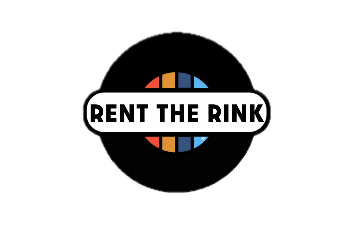 Logo of Rent the Rink featuring a black hockey puck with a circular color pattern and bold text in the center.