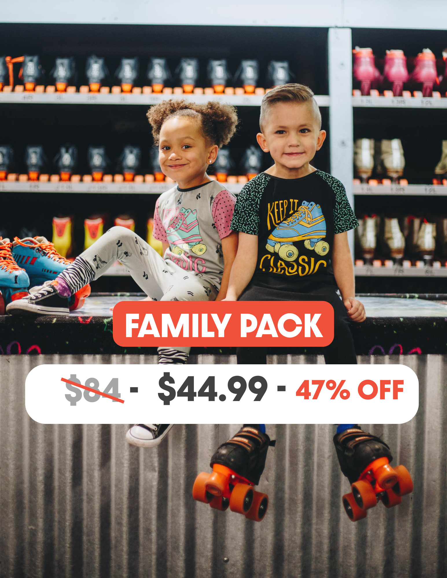 Two kids sitting on a counter in a roller skating rink, with roller skates on, smiling. Shelves with roller skate shoes in the background. A promotional banner advertises a family pack for rollerskates at a discounted price.