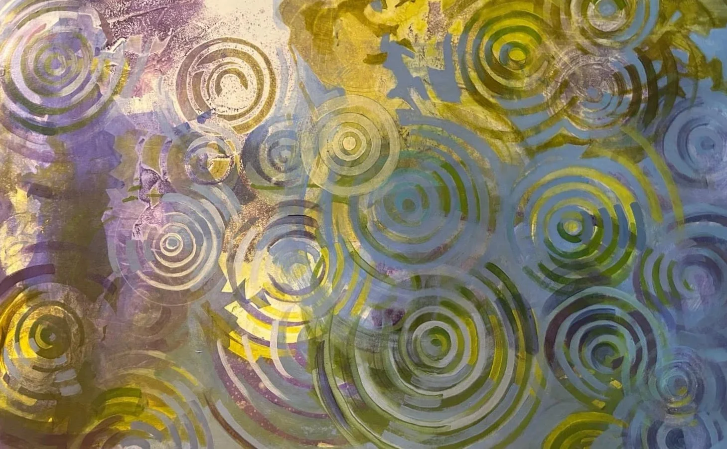 A pattern of rain drops reflects the colors around it in this oil painting.