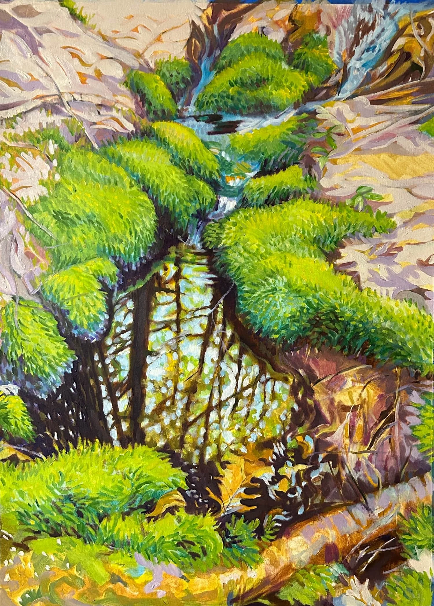This oil painting looks closer into the early spring runoff when Maine mosses are the only green.