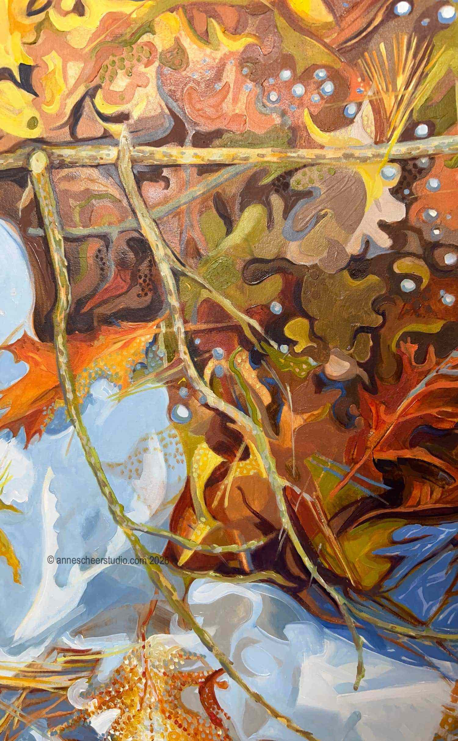 oil painting of oak leaves encased in ice 