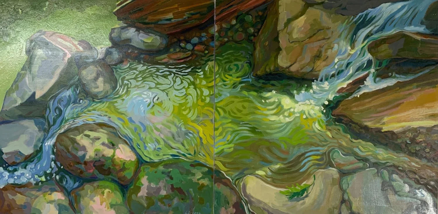 This 2:1 proportioned painting follows the currents of a brook into a pool.
