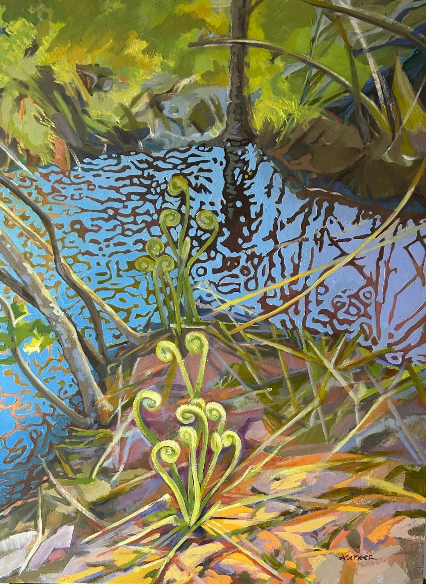 Slowly the fronds of ferns unfold in Maine's wet spaces in this oil painting.