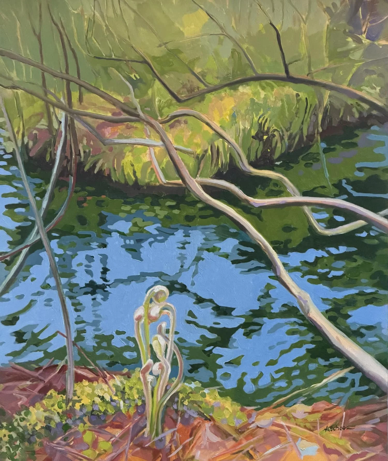 One fern unfurls like a lady in a diaphanous gown in this bright painting.