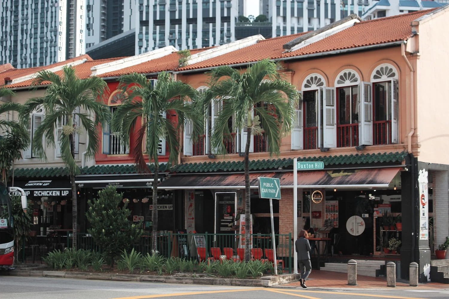 Traditional Peranakan shophouses on Duxton Hill with palm trees and modern towers in background
