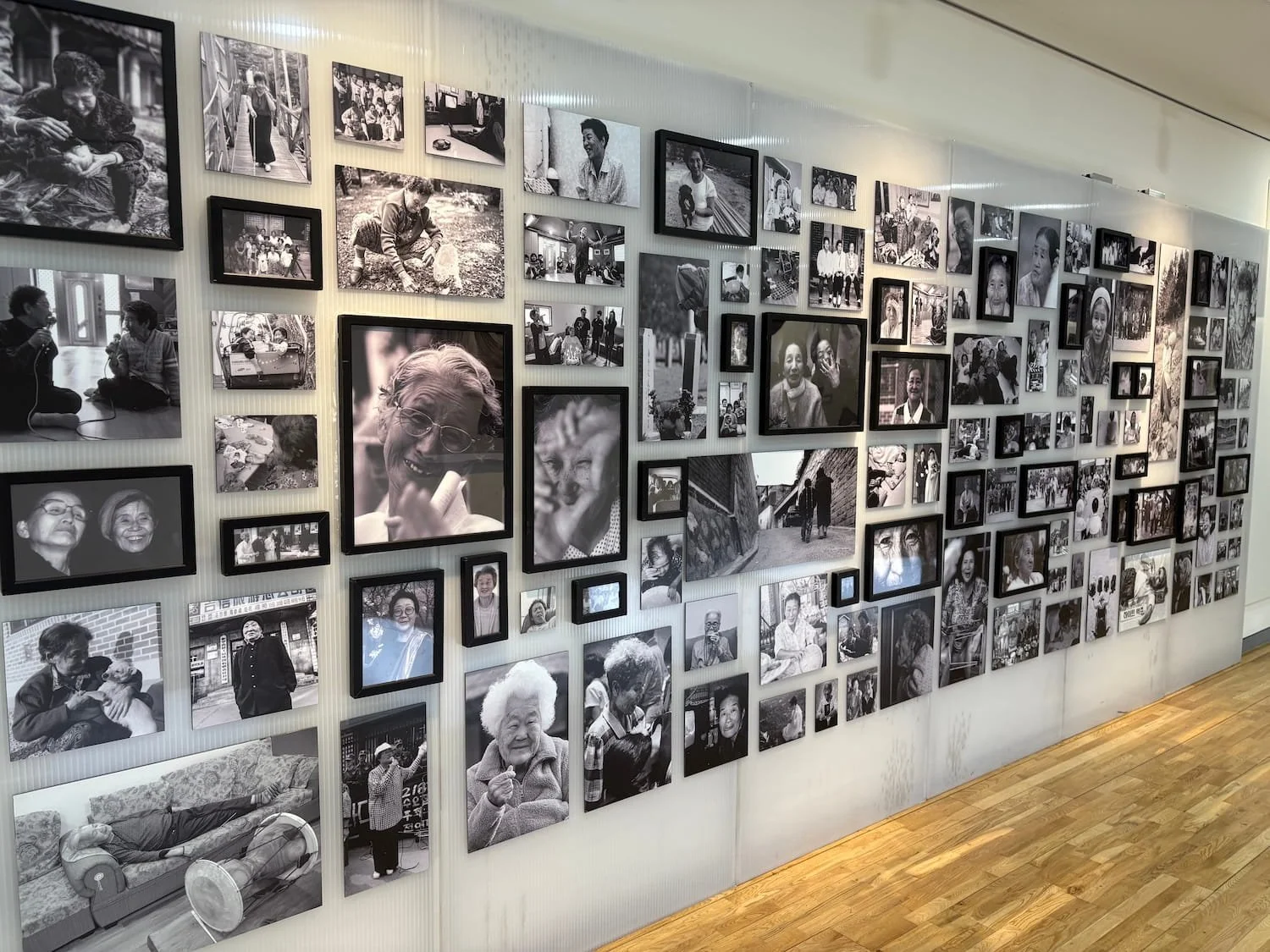 Wall gallery displaying black and white portraits of comfort women who lived at House of Sharing