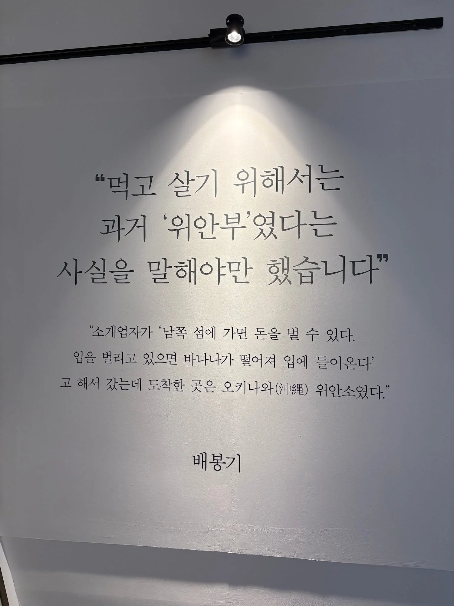 Korean quote on a wall with a ceiling light shining on it.