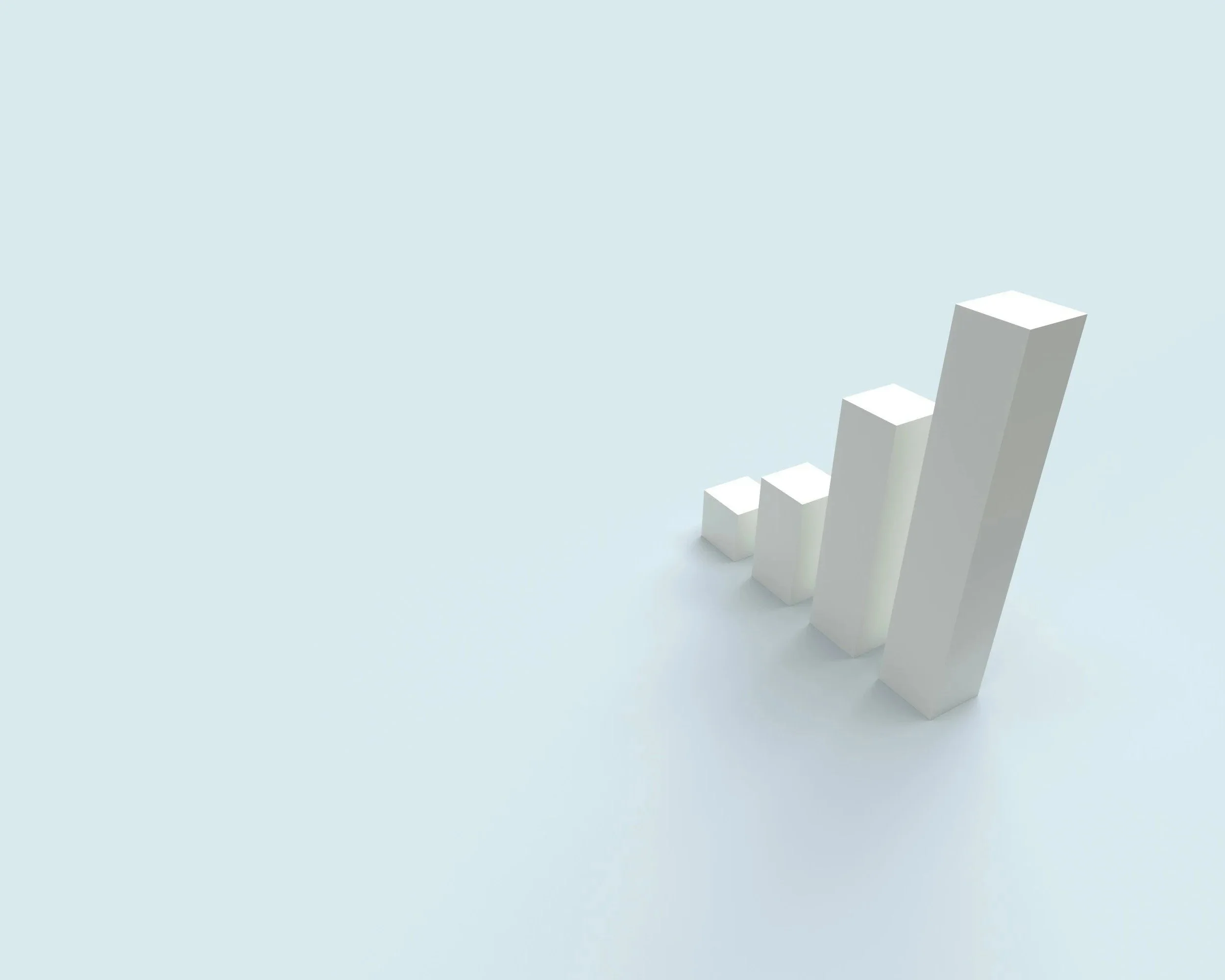 Five white 3D bars in a row increasing in height, representing a growing upward trend on a light blue background.