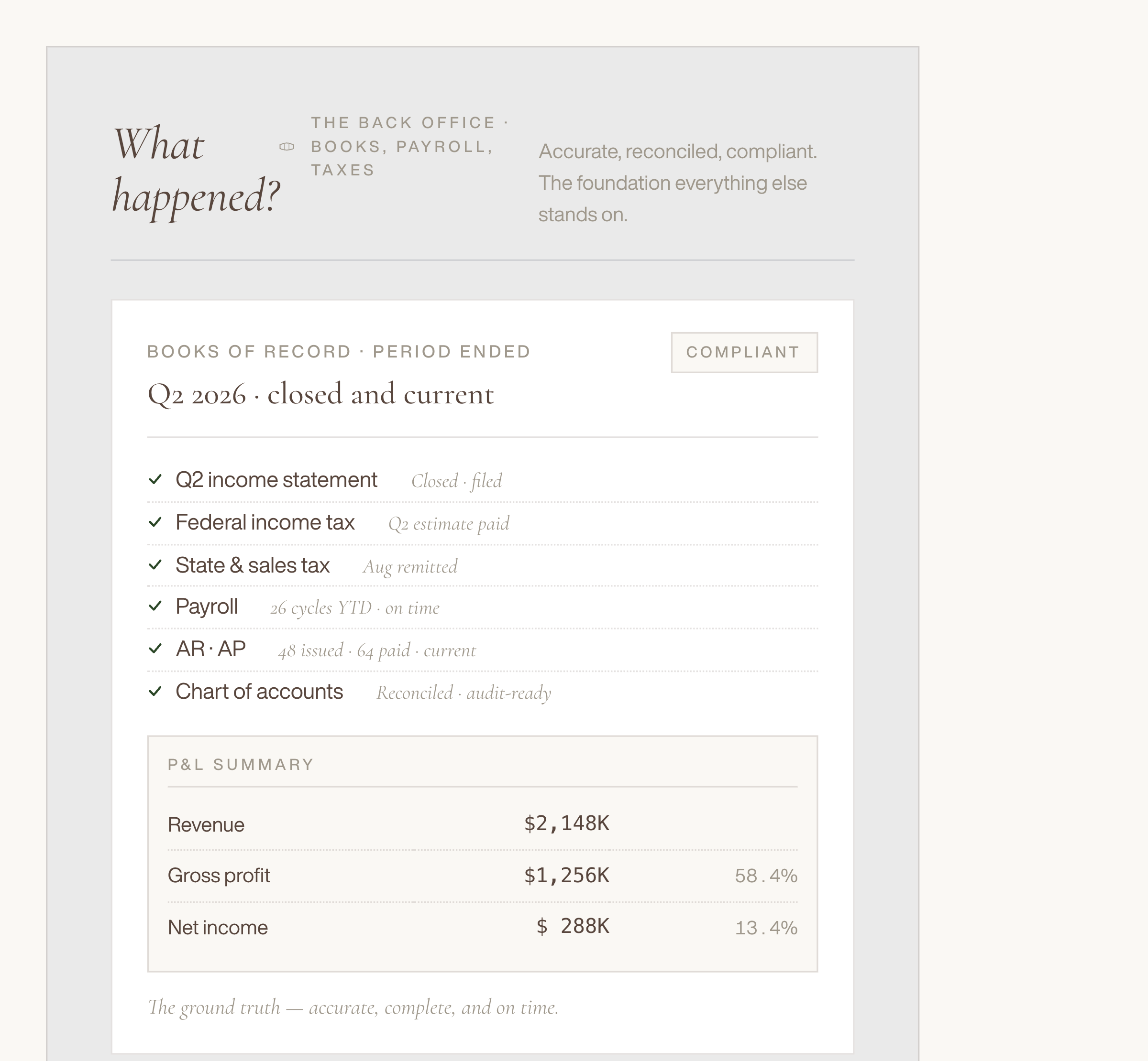 Screenshot of a financial report or dashboard showing quarterly income statement, revenue, gross profit, and net income figures.