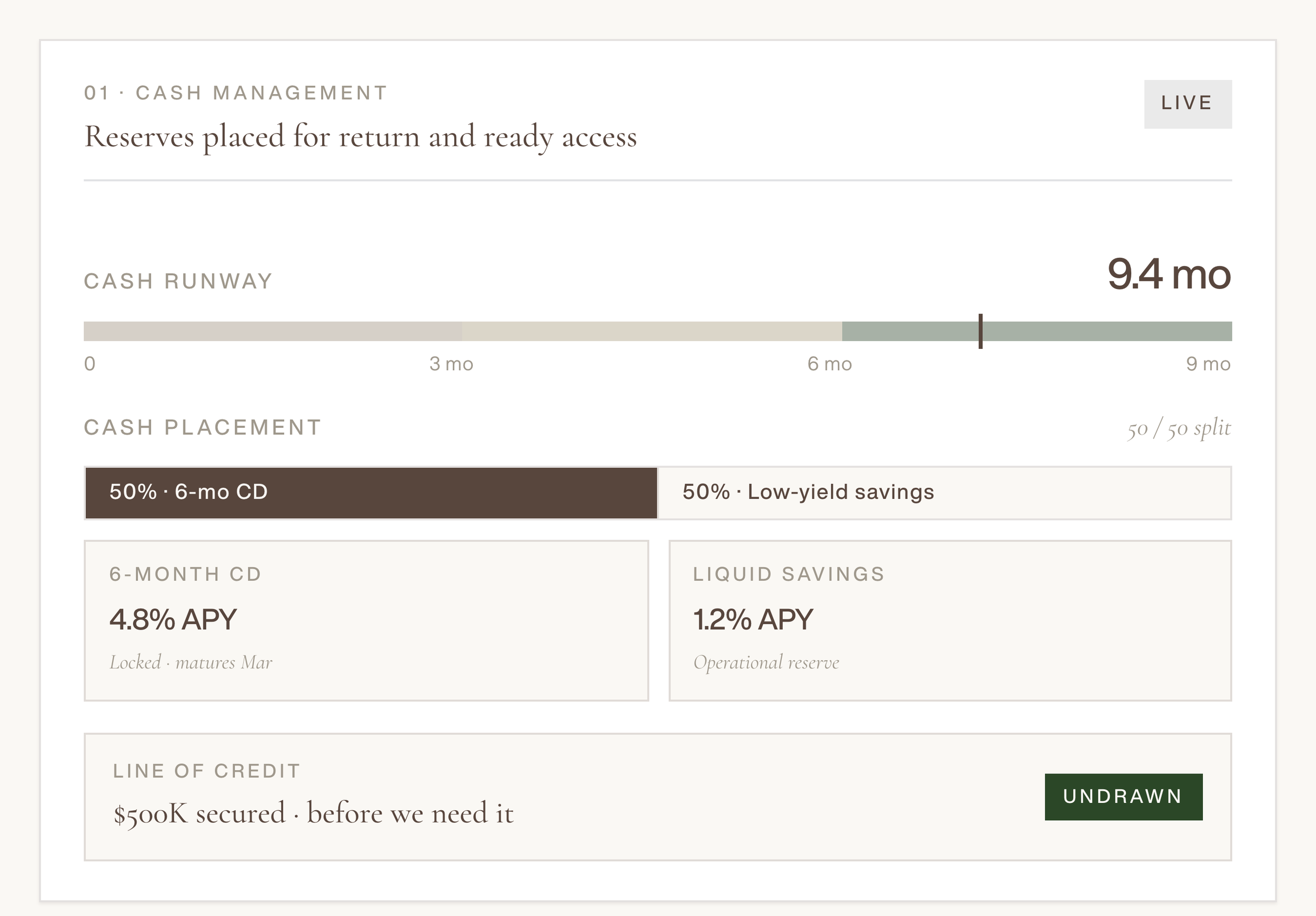 Financial dashboard showing cash management with reserves for return and ready access, cash runway of 9.4 months, and cash placement split evenly between 6-month CD and low-yield savings, with additional sections for line of credit and liquid savings.