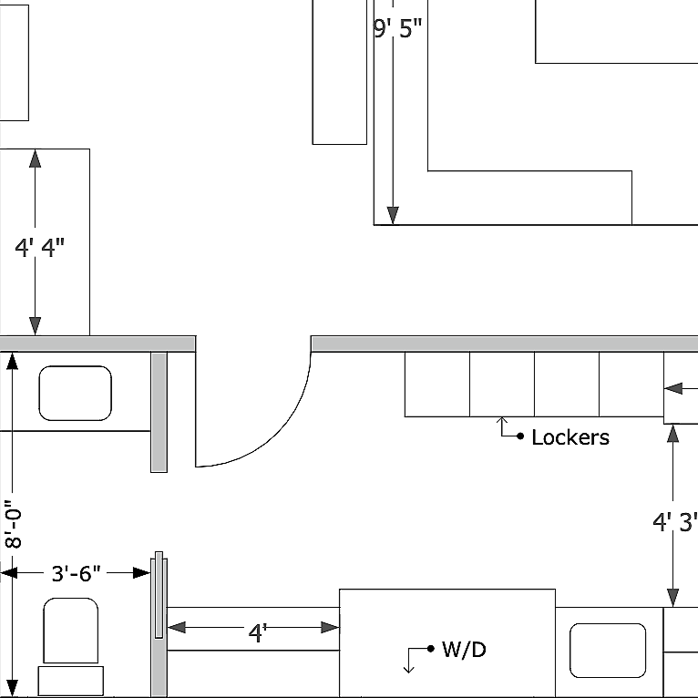 Floor plan of a laundry room showing dimensions, lockers, washer and dryer units, a sink, and a doorway.