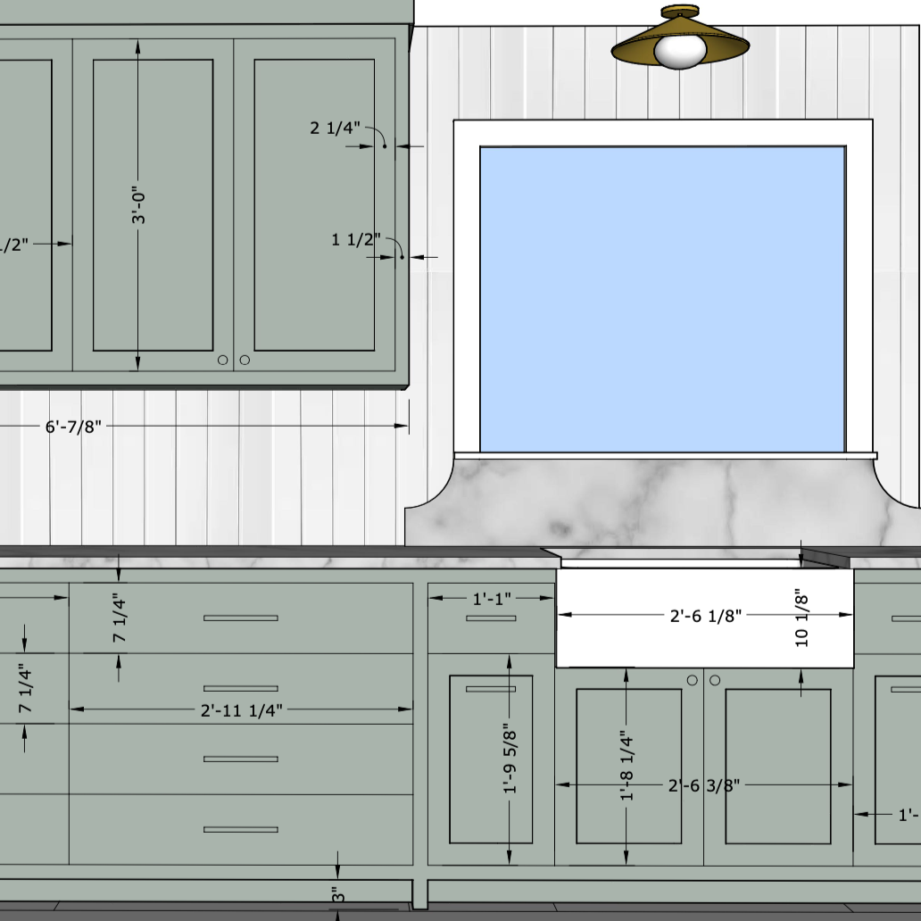 A detailed kitchen cabinet and countertop layout with measurements, including upper and lower cabinets, a window above the sink, and wall paneling.