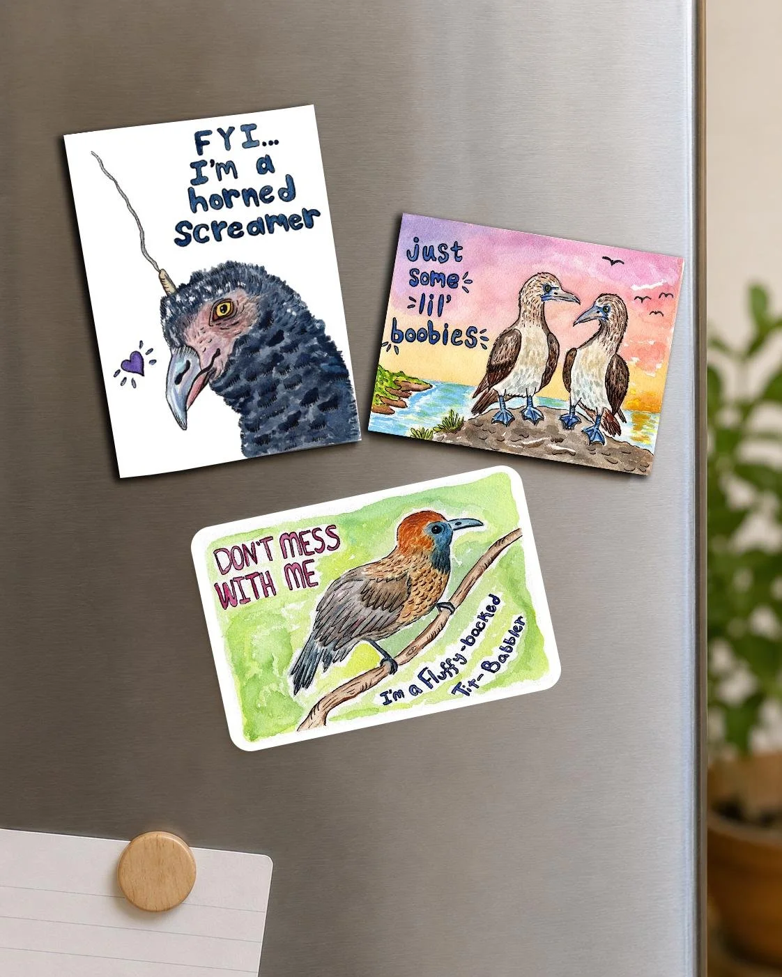 Set of 3 Punny Watercolor Bird Magnets